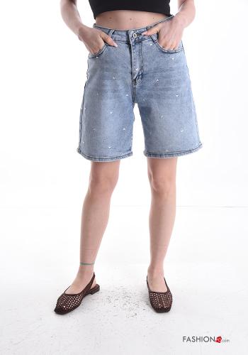 Bermuda in Cotone denim Fantasia ricamata con tasche