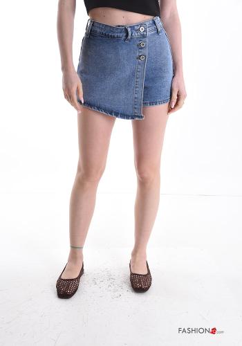 Pantaloncino Short in Cotone denim asimmetrico con bottoni