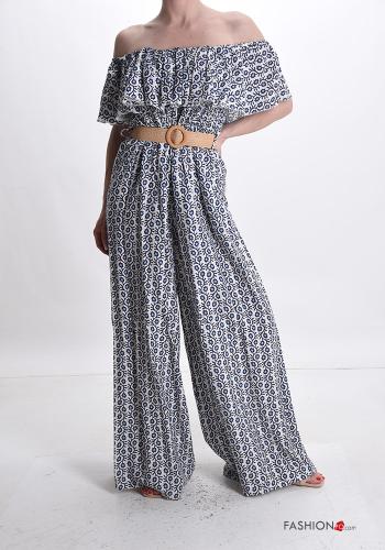 Jumpsuit in Lino wide leg Fantasia floreale con cintura con balze