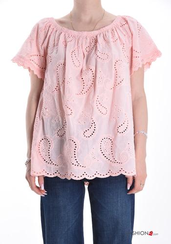 Blusa in Cotone maniche corte Fantasia ricamata in pizzo sangallo - ph 1