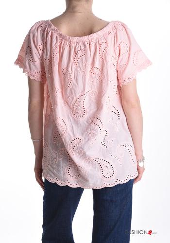 Blusa in Cotone maniche corte Fantasia ricamata in pizzo sangallo - ph 2