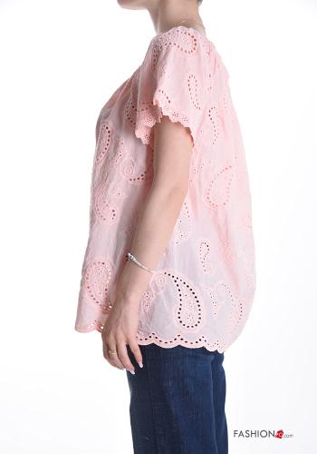 Blusa in Cotone maniche corte Fantasia ricamata in pizzo sangallo - ph 3