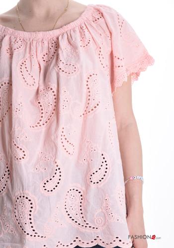 Blusa in Cotone maniche corte Fantasia ricamata in pizzo sangallo - ph 4