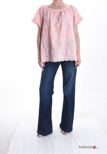 Blusa in Cotone maniche corte Fantasia ricamata in pizzo sangallo - ph 5
