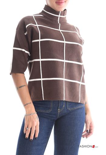 Camisola Padrão Geométrico com gola subida manga três quartos