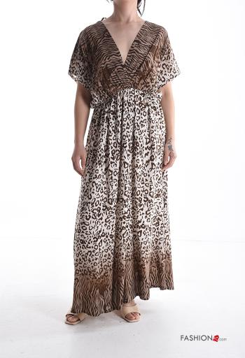 Vestido largo manga corta espalda descubierta Estampado animal escote profundo