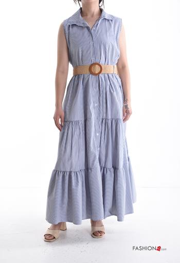 Vestido camisero de Algodón sin mangas con cuello a rayas con cinturón con botones