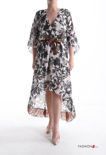 Vestido asimetrico Estampado Floral con cuello en v con cinturón manga tres cuartos