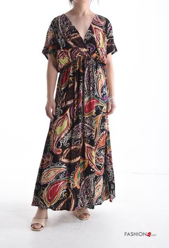 Vestido largo manga corta espalda descubierta Estampado abstracto con cuello en v