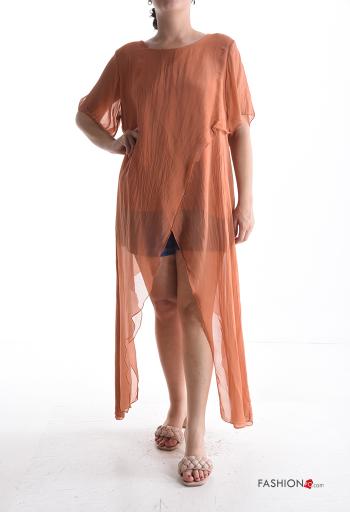Blusa in Seta maniche corte girocollo asimmetrico lungo con fodera