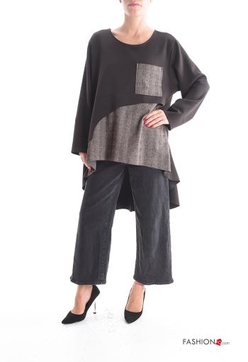 crew neck asymmetrical long sleeve oversized Tunic with pockets - ph 5