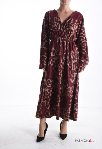 Animal print long sleeve Dress with v-neck with elastic