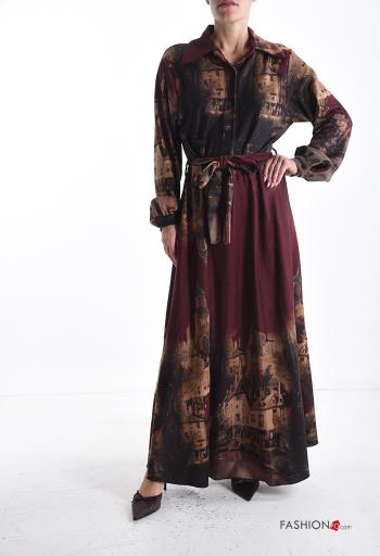 Places and countries print long sleeve with collar Dress with buttons with fabric belt - ph 1