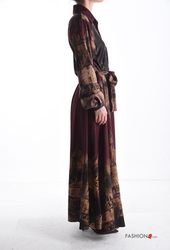 Places and countries print long sleeve with collar Dress with buttons with fabric belt - ph 3