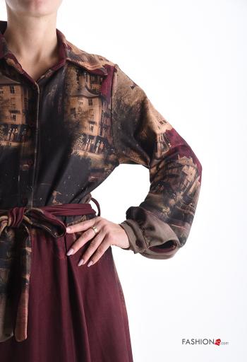 Places and countries print long sleeve with collar Dress with buttons with fabric belt - ph 4