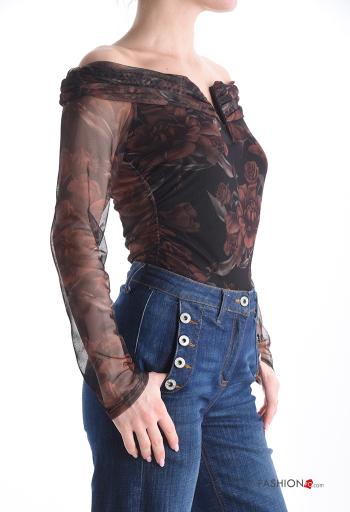 Floral tulle long sleeve Bodysuit bardot neckline - ph 3