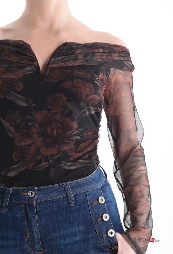 Floral tulle long sleeve Bodysuit bardot neckline - ph 4