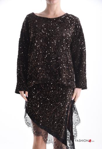 satin crew neck long sleeve lace trim Blouse with sequins with bow