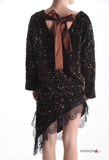 satin crew neck long sleeve lace trim Blouse with sequins with bow - ph 2