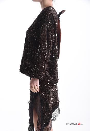 satin crew neck long sleeve lace trim Blouse with sequins with bow - ph 3