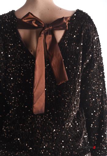 satin crew neck long sleeve lace trim Blouse with sequins with bow - ph 4