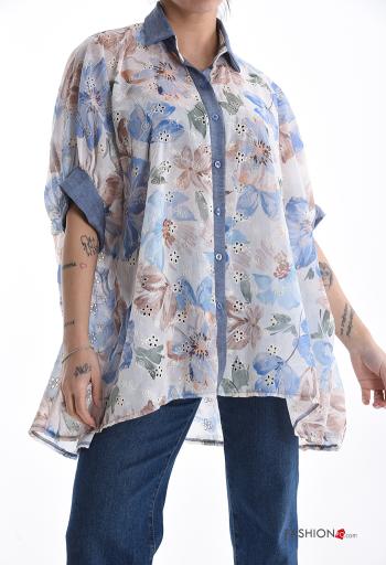 Camisa em Algodão manga curta com gola Floral com botões bordado inglês