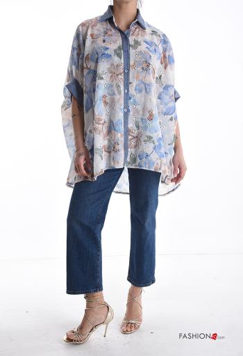 Camisa em Algodão manga curta com gola Floral com botões bordado inglês - ph 5