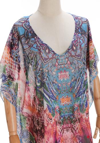 Vestido playero manga corta largo Diseño impreso con cuello en v - ph 4