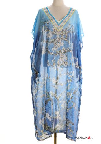 Copricostume chiffon maniche corte lungo Fantasia floreale scollo a V con spacco