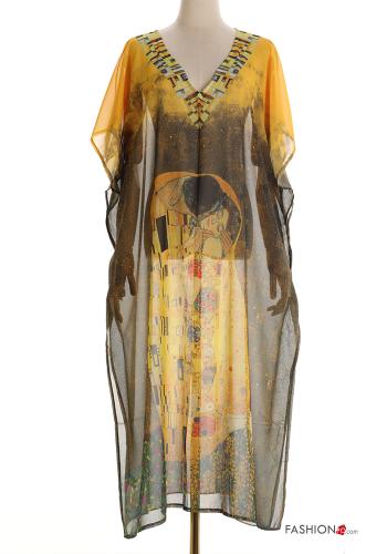 Vestido playero gasa manga corta largo Estampado Artístico con cuello en v con abertura - ph 1