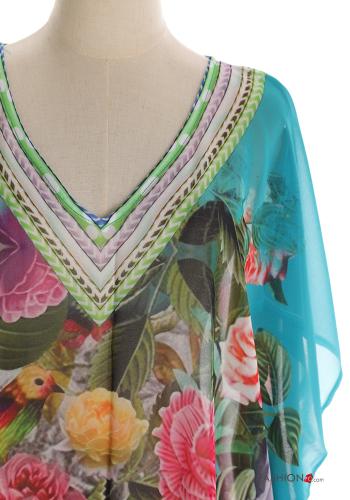 Vestido playero gasa manga corta largo Estampado Artístico con cuello en v con abertura - ph 4