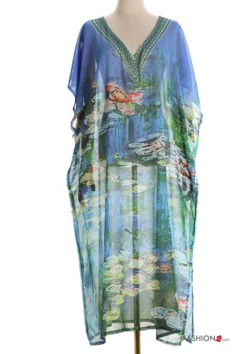 Copricostume chiffon maniche corte lungo scollo a V con spacco