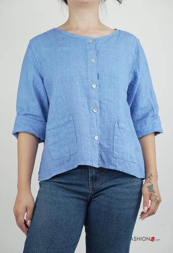 Camicia in Lino maniche lunghe girocollo con bottoni