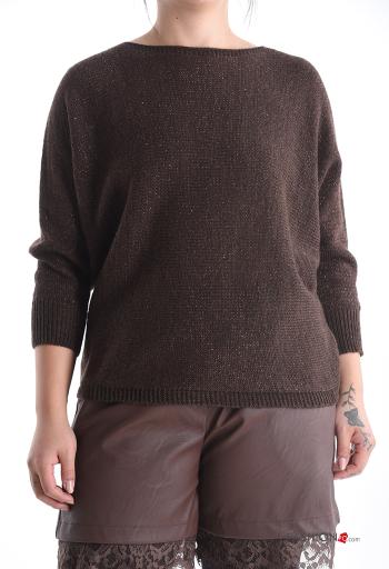 Camisola em Lã mista lurex gola redonda com laço manga três quartos