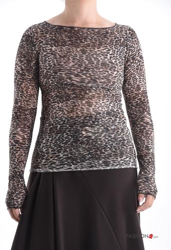 Camisola de mangas compridas em Cashmere Blend gola redonda Padrão animal