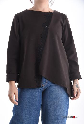 Maglietta a manica lunga girocollo asimmetrico pizzo maniche lunghe