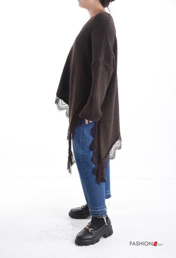 Camisola em Lã mista manga comprida oversize renda assimétrico gola V com fenda - ph 3