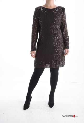 Vestido manga comprida gola redonda com lantejoulas