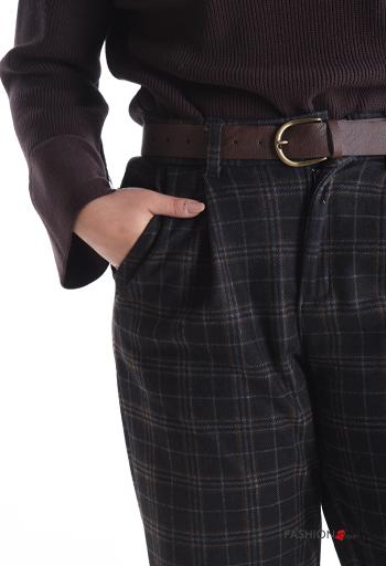 Calças Padrão Tartan com bolsos com botões com cinto com fecho - ph 4