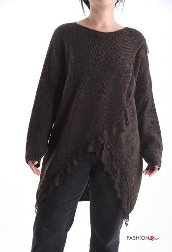 Camisola em Lã mista gola redonda assimétrico manga comprida renda