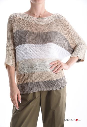 Streifenmuster Lurex Strickpullover 3/4 ärmel schulterfrei - ph 1