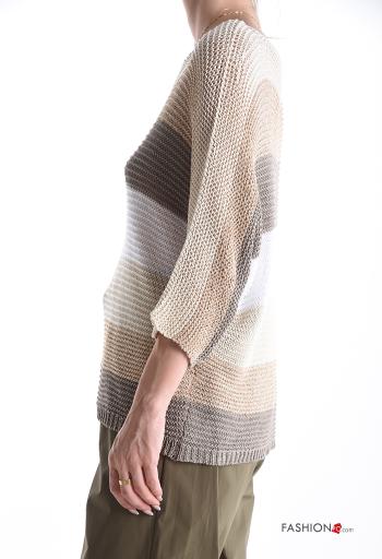 Streifenmuster Lurex Strickpullover 3/4 ärmel schulterfrei - ph 3