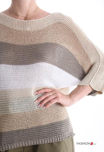 Streifenmuster Lurex Strickpullover 3/4 ärmel schulterfrei - ph 4