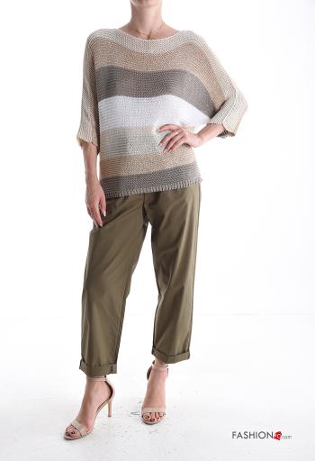 Streifenmuster Lurex Strickpullover 3/4 ärmel schulterfrei - ph 5