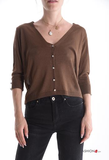 Strickjacke mit Knöpfen 3/4 ärmel mit Strasssteinen mit V-Ausschnitt