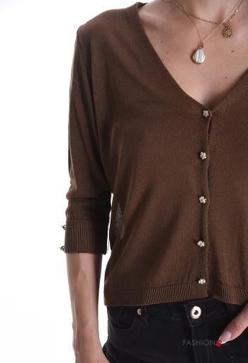 Strickjacke mit Knöpfen 3/4 ärmel mit Strasssteinen mit V-Ausschnitt - ph 4