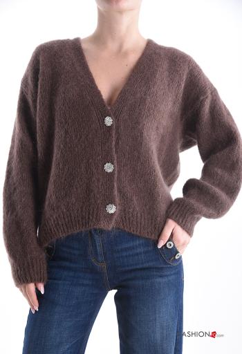 Cardigã em Mohair manga comprida gola V com botões com strass - ph 1