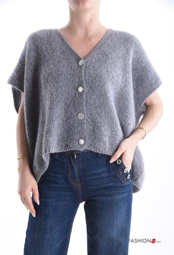 Cardigã em Mohair manga curta gola V com botões com strass