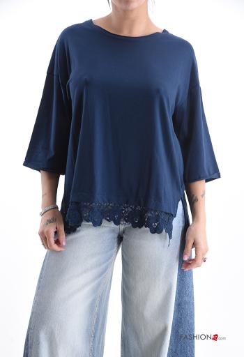 T-shirt in Cotone pizzo girocollo Fantasia ricamata maniche a tre quarti