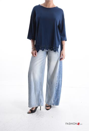 T-shirt in Cotone pizzo girocollo Fantasia ricamata maniche a tre quarti - ph 5